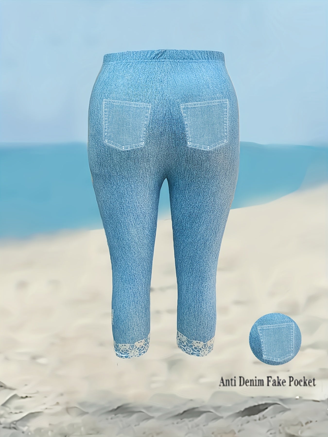 【denim print】Plus Size - Women'S Plus-Size Stretchy Denim Capri Leggings with Butterfly Print - Light Blue Lace Trim, Mid-Calf Length, Elegant And Comfortable for Spring/Summer/Autumn, Seasonal Fashion Pants | Women'S Casual Wear | Smooth Textured Fabric