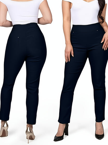 Slim Fit High-Waisted Pants for Women Featuring Five Pockets, Designed for Easy Pull-On Wear, Suitable for Work Or Casual Office Settings