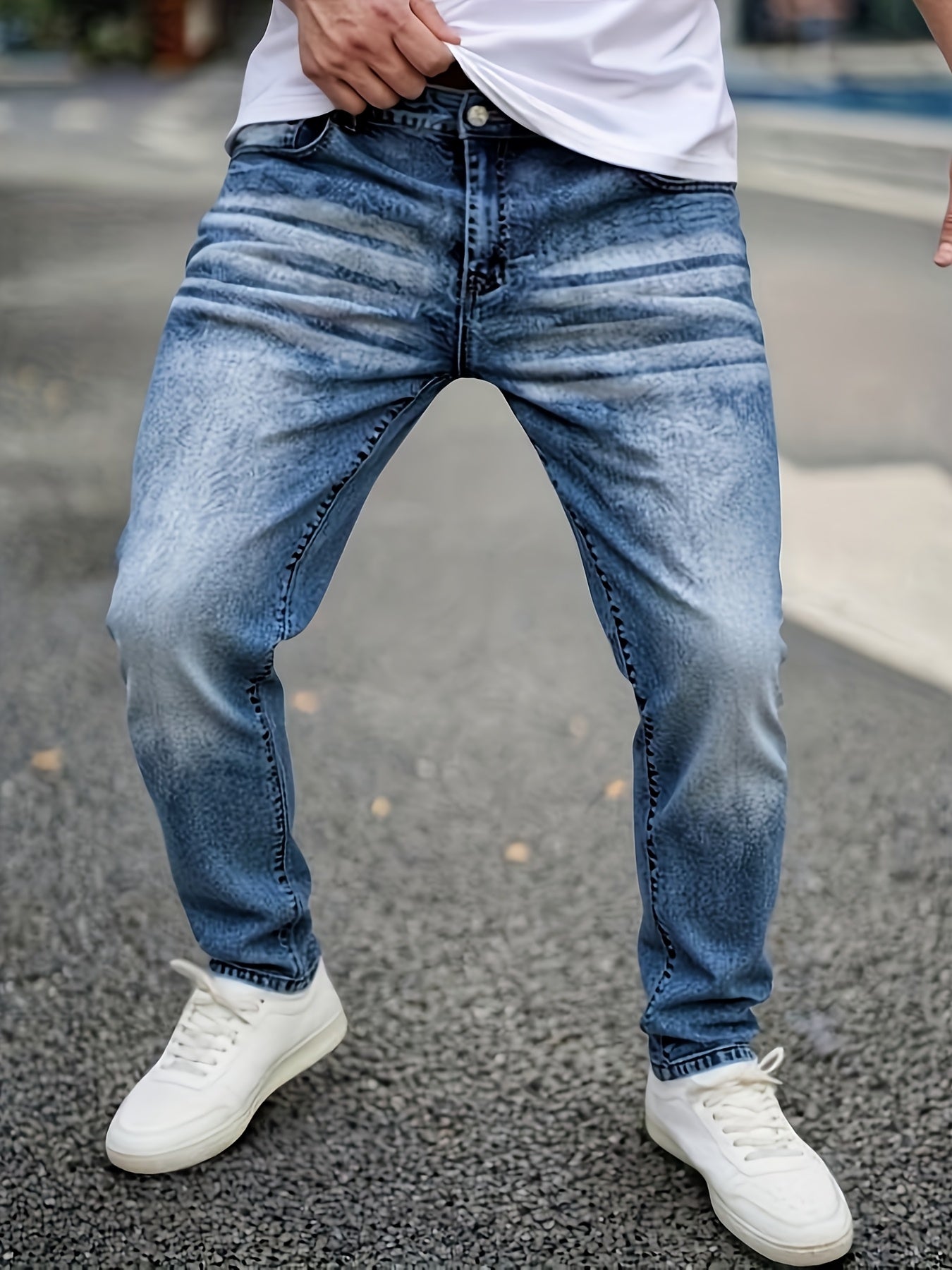 [HME] Men's Stretch Slim-fit Denim Trousers, Retro Washed Blue with Natural Whitening, Classic Five-pocket Style, Mid-waist Design with A Small Straight Leg, Simple And Versatile, Suitable for All Occasions, Essential Jeans for Daily Casual Wear