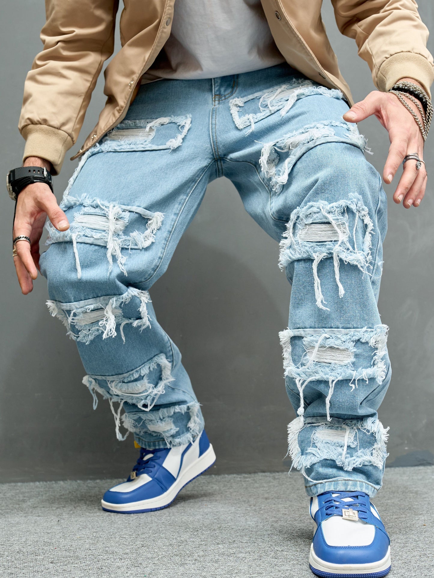 Cross Border New Men's Denim Wide Leg Pants with Smooth Whiskers And Pleats, Loose And Casual, Versatile, Solid Color Wide Leg Men's Long Pants Trend