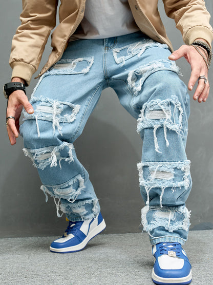 Cross Border New Men's Denim Wide Leg Pants with Smooth Whiskers And Pleats, Loose And Casual, Versatile, Solid Color Wide Leg Men's Long Pants Trend