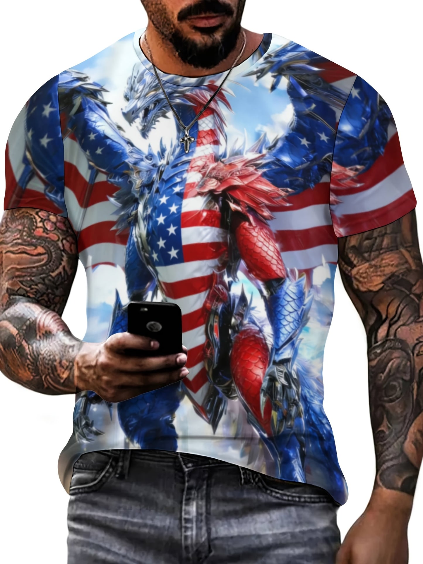 Wuwei Mechanical Blue Dragon 3D Pattern Printed Men's Graphic T-Shirt Comfort T-Shirt, Short Sleeve Pullover, Men's Summer Outdoor Clothing