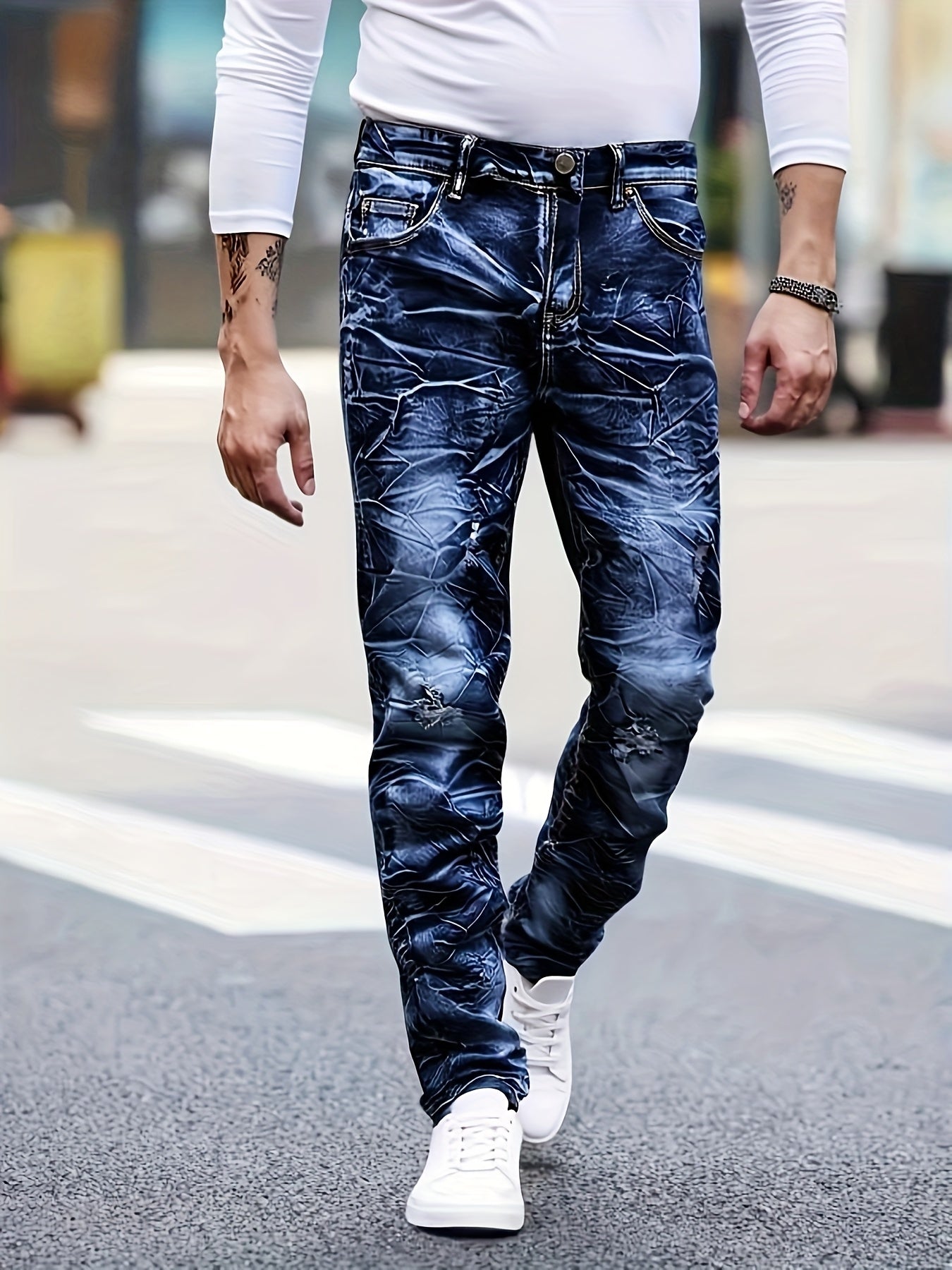 [HME] New Men's Slim-fit Straight Jeans for All Four Seasons, A Major Release for Spring And Autumn 2025, Featuring Floral And Lightning-washed Durability. Slim-fit Casual Pants, Versatile Korean Style Trendy Long Pants for Men's Outdoor Wear