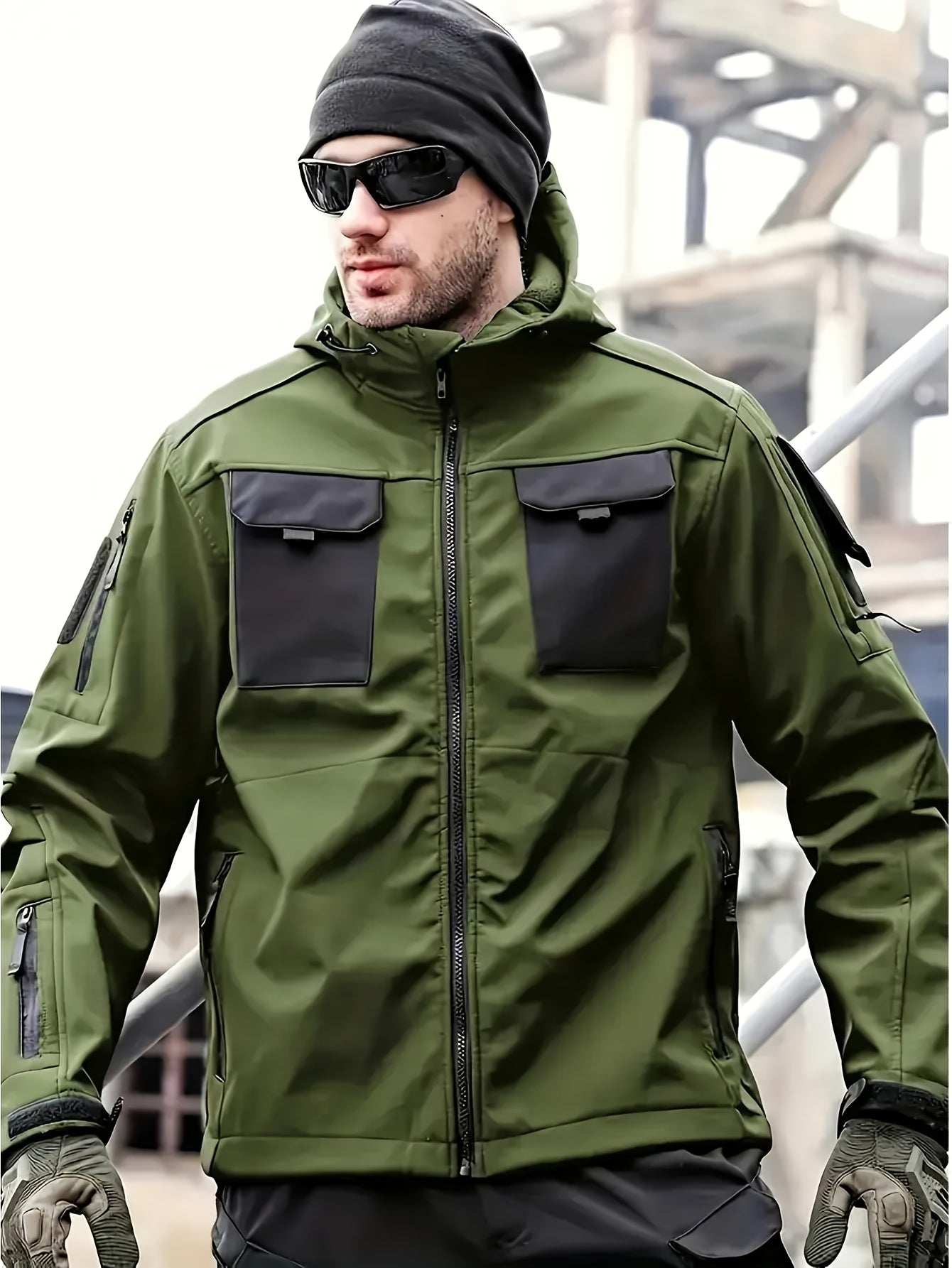 Men's Fleece-Lined Softshell Tactical Winter Jacket with Zip-Up Hooded Coat, Multiple Pockets & Lining - Outdoor Skiing, Hiking, Camping Workwear - Machine Washable Warm Fall/Winter Gear for Cold Weather Activities (Polyester)