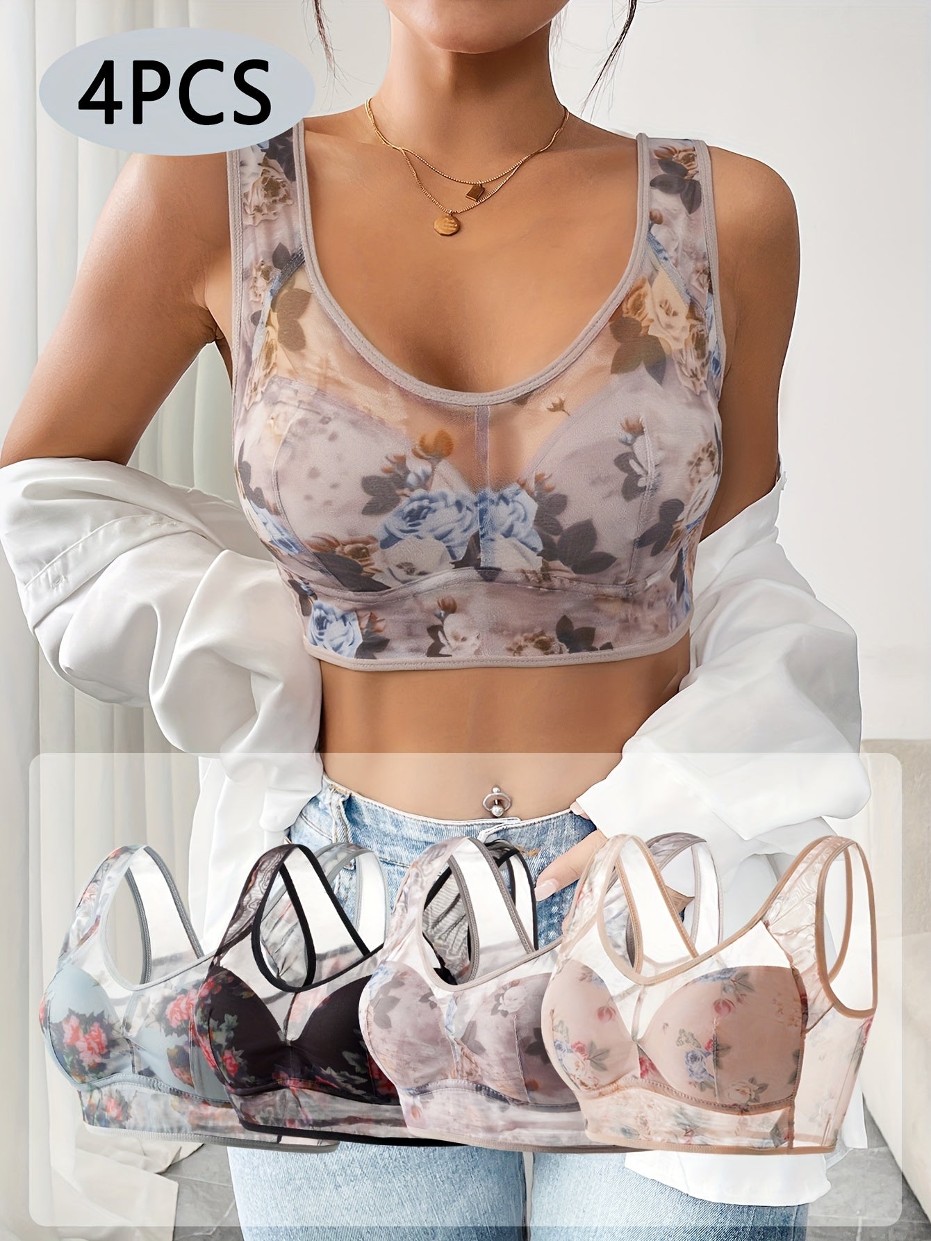 (4pcs Mixed Color Pack) Lace Mesh Bra, Comfortable And Breathable Full Coverage Bra, Women'S Underwear And Lingerie
