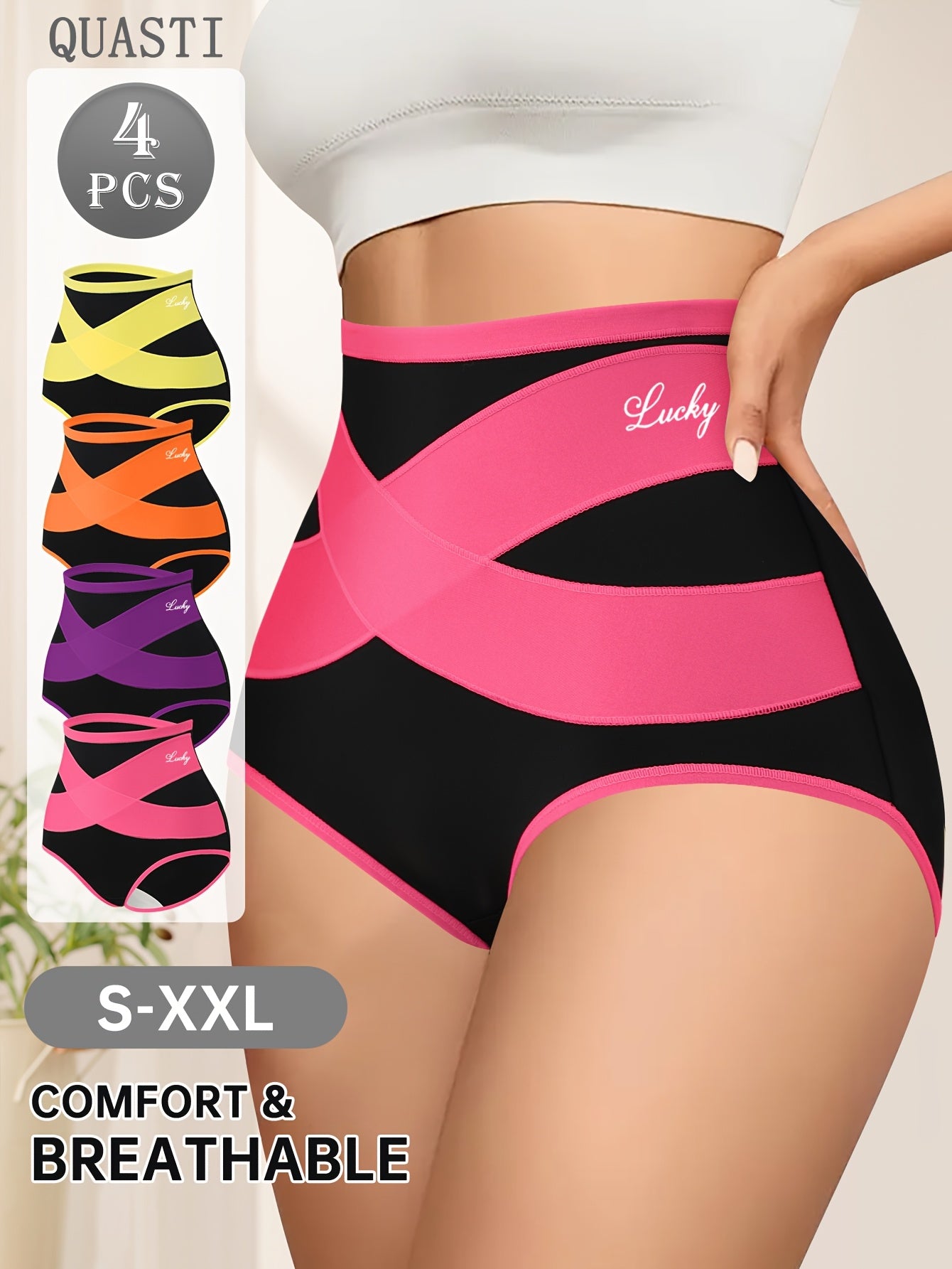 4pcs Women's High-Waisted Tummy Underwear - Shaping Panties with Cross Waistband, Breathable Mesh Wrap-Around Belly, Polyester-Spandex Blend Suitable for Home Daily Wear, Elegant Color-Blocking Shaping Panties