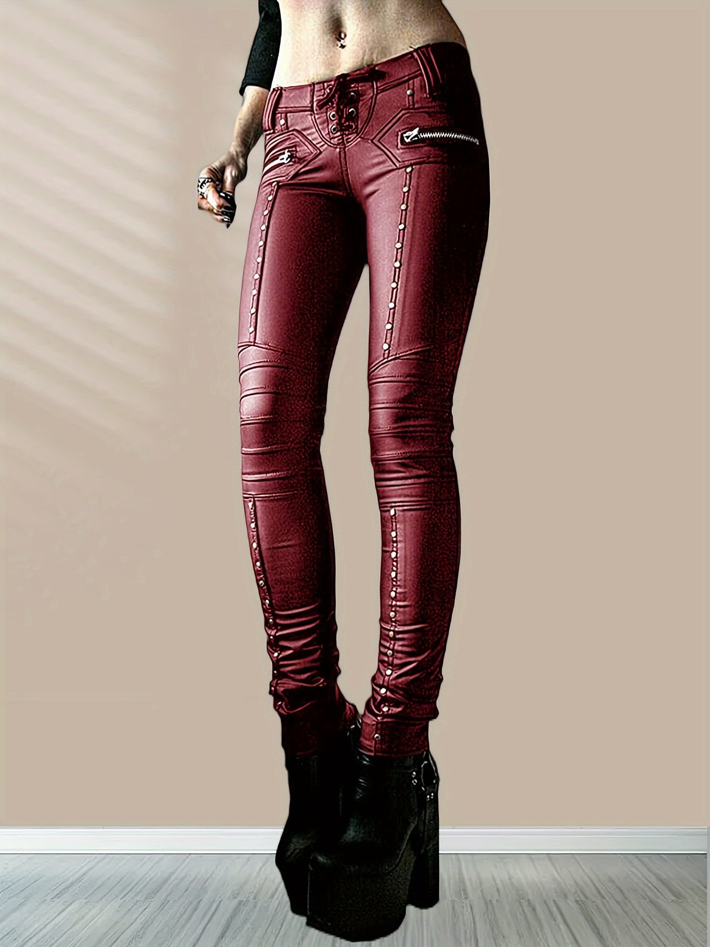 Women'S Leggings Gothic Punk Skinny Pants Mid Rise Novelty Studded Tight Pants