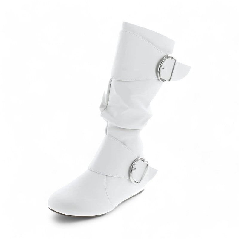 Women's Closed Round Toe Buckle Slouch Flat Heel Mid-Calf Boot