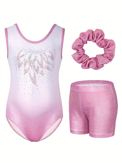 Set of 3 Girls' Leotards Featuring Shorts And a Hairband, Designed with a Gradient Contrast, Diamond Decorations, And Sleeveless Style, Perfect for Ballet Dance Performances