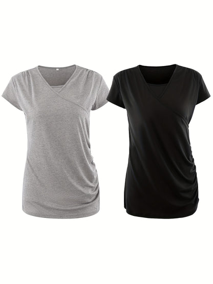 Set of 3 Women'S Short Sleeve Maternity Tops with Side Ruching for Breastfeeding