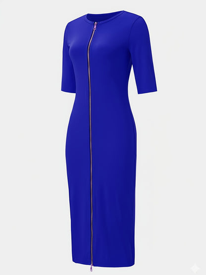 Elegant and Simple, Slim-fit Cut, Zipper Design, Boat Neckline, Mid-length Short-sleeve Dress, Cardigan Dress, Suitable for Fashionable Women, Short-sleeve Dress for Spring, Summer, and Autumn