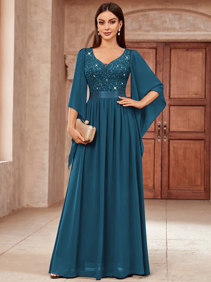 53303 Elegant Women's Lace & Sequin Bridesmaid Dress - A-Line Maxi Wedding Gown with 3/4 Bell Sleeves, V-Neck Color-Block (Bodice &), Machine Washable Bridesmaids Gown for Weddings, Parties, Prom