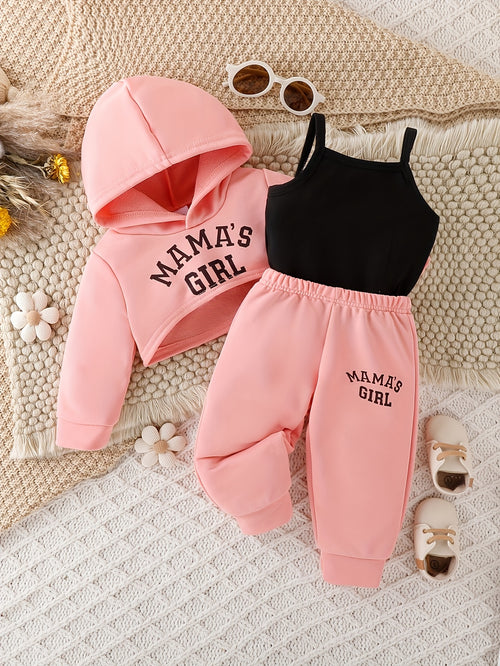 3pcs Layette Set for Youngsters - "Mama's Girl" Pink Hoodie, Cami Top & Jogger Pants with Drawstring Waist, Casual Knit Fabric Outfit for Fall/Winter, Casual Wear|Playful Design|Stretchy Materia, for Outdoor, Perfect for Outdoor