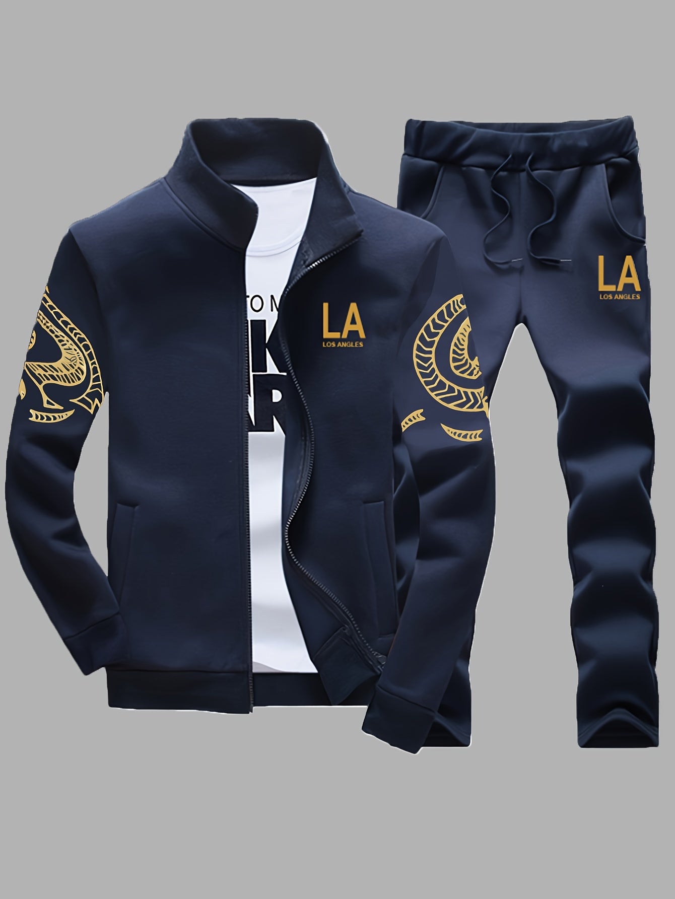 Men'S Casual Sporty Zip-Up Jacket And Joggers Set - Striped, Polyester, Spring/Fall Collection