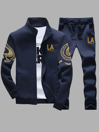 Men'S Casual Sporty Zip-Up Jacket And Joggers Set - Striped, Polyester, Spring/Fall Collection