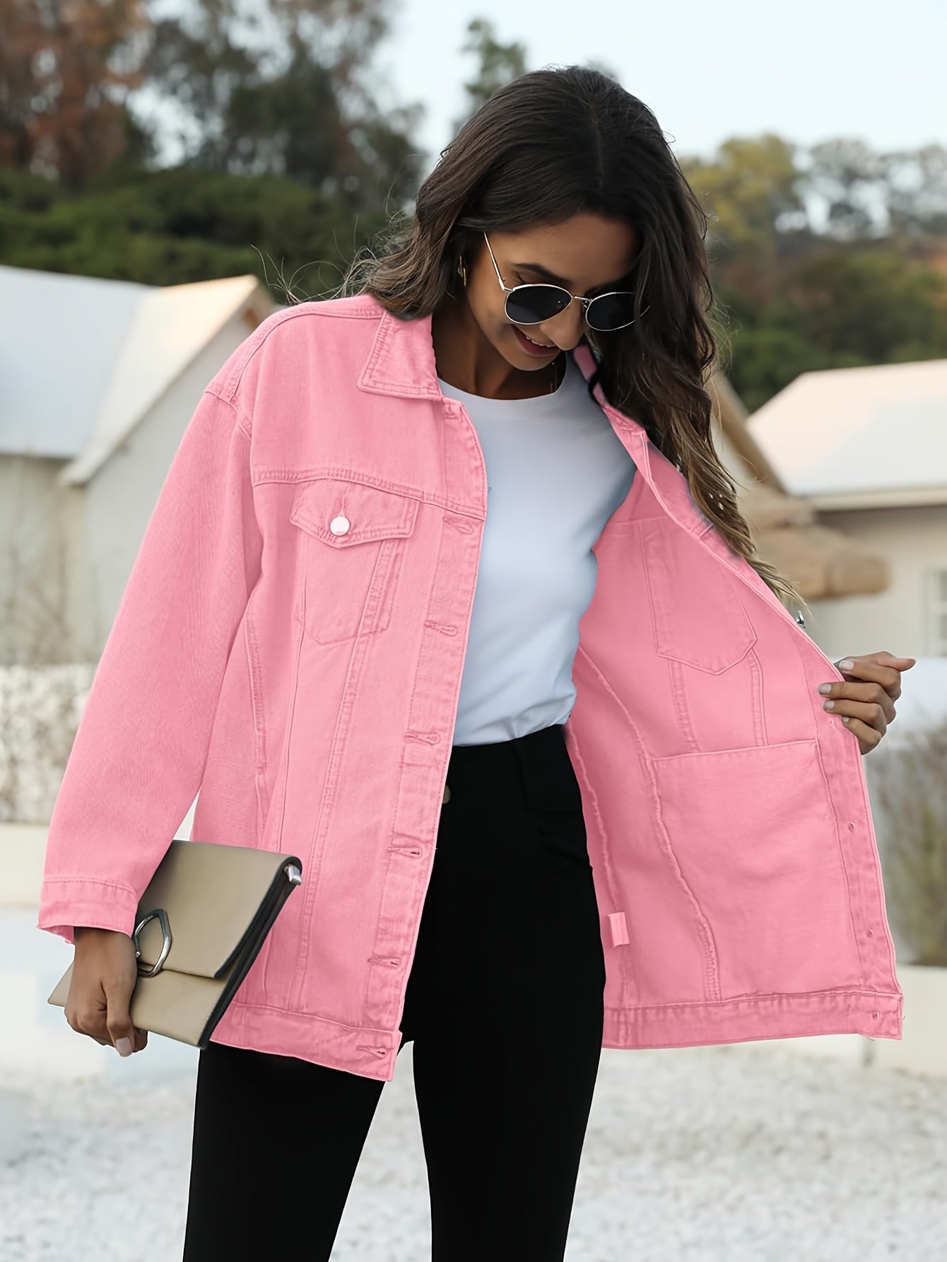 Women'S Oversized Mid-Length Denim Motorcycle Jacket