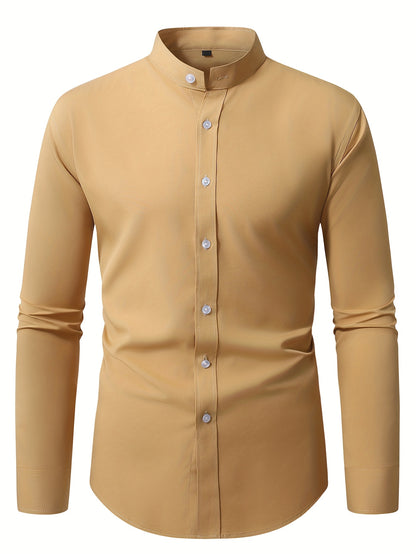 Men'S Henley Collar Long Sleeve Shirt | Casual, All-season, Solid Color, Regular Fit, Button Details, Woven Fabric