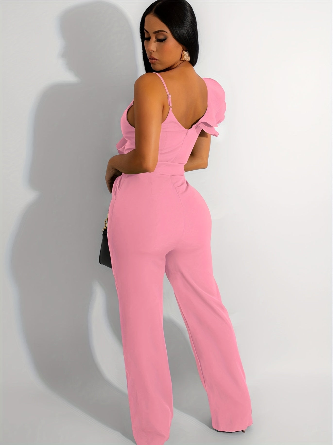 Womens Casual 1pc Jumpsuits V-Neck Sleeveless Ruffle Elegant Romper Wide Leg Pant Sexy Party Clubwear Overalls