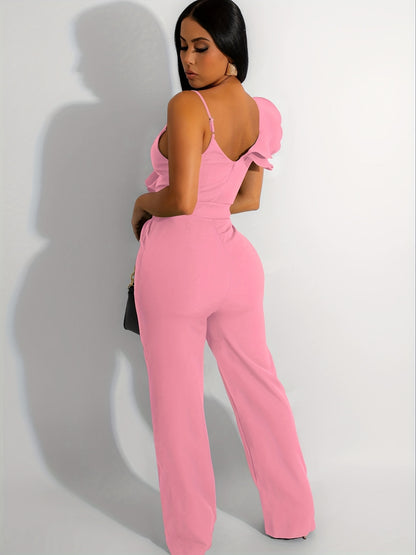 Womens Casual 1pc Jumpsuits V-Neck Sleeveless Ruffle Elegant Romper Wide Leg Pant Sexy Party Clubwear Overalls