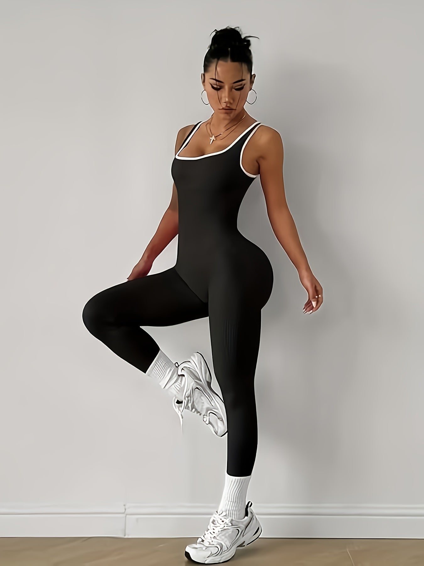 2pcs - Women'S Autumn And Winter Sleeveless Square Collar Long Jumpsuit, 90% Nylon And 10% Elastic Fiber Fabric Comfortable, Thick, Impermeable Washable And Reusable, Suitable For Any Activity Occasion, Exercise, Fitness, Pilates, Running, Yoga