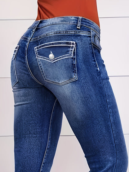 Women's Plus Size High-Waisted Stretch Denim Pants - Beltless Button-Fly Waist & Flared Hem, Elastic Solid Blue Trousers Suitable for Casual Travel,, Casual Attire, Machine Washable Mature Style All-Year (No Required)