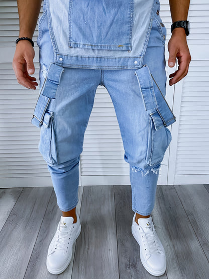 Men's Casual Denim Jumpsuit with Multiple Pockets - Light Blue, Stretchy, All-Season, Raw Wash, Skinny Fit, Perfect for Everyday Comfort, Everyday Comfort Clothing | Casual Jumpsuit | Stretchy Fabric, Denim Jumpsuit