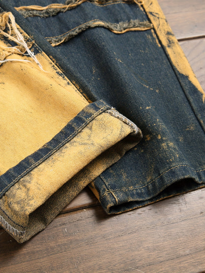Fashion Trends Stacked Multi-post Fabric Tassels Holes Irregular Tie Flower Splashed Ink Jeans Casual Men's Trousers
