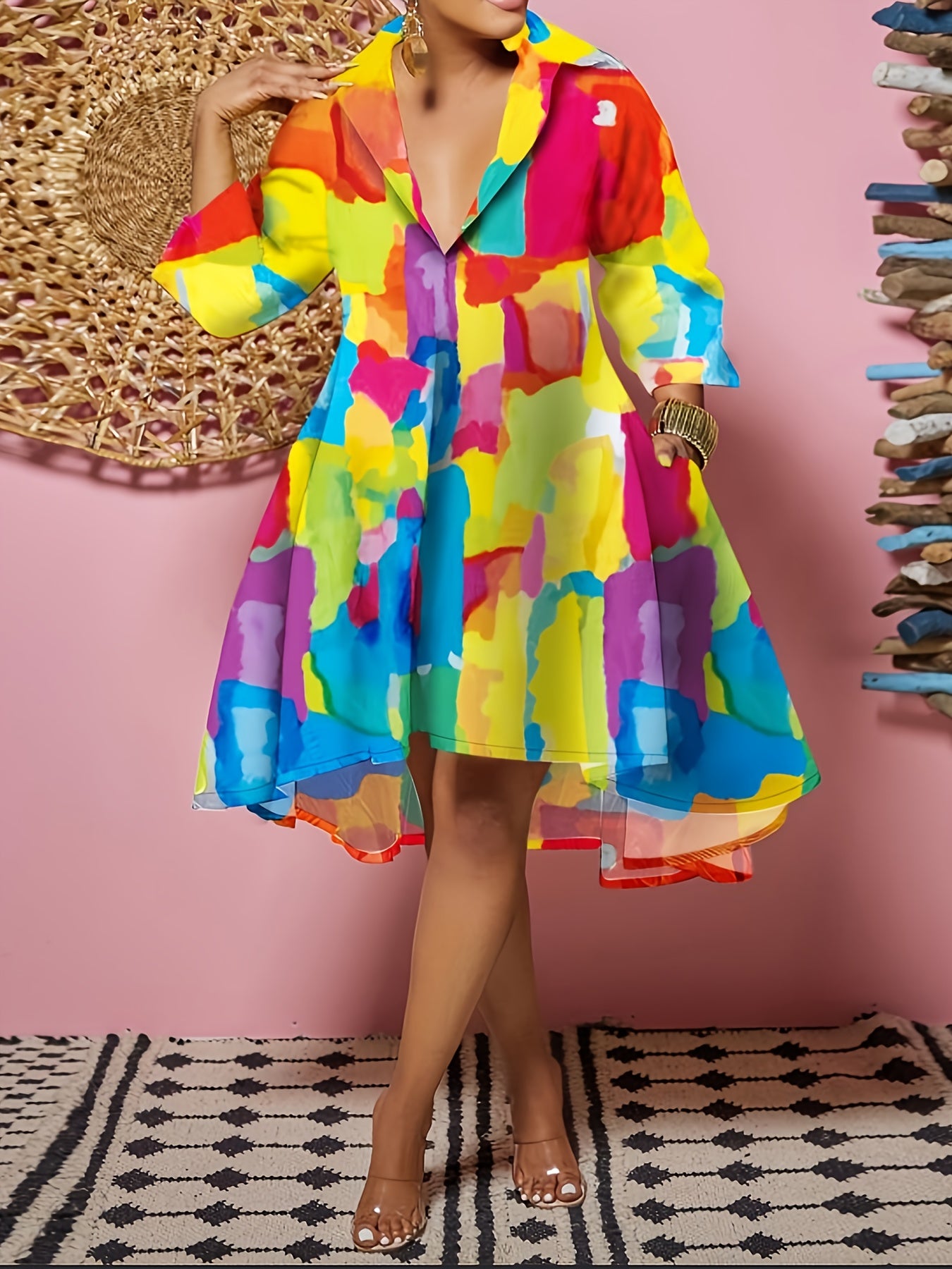 Plus Size - Plus Size - Spring, Summer And Autumn Casual Shirt Dress, Multi-Color Printed, V-Neck Lapel, Knee-Length, Long-Sleeved, Elegant Vacation, Plate-Size Ladies' Dress