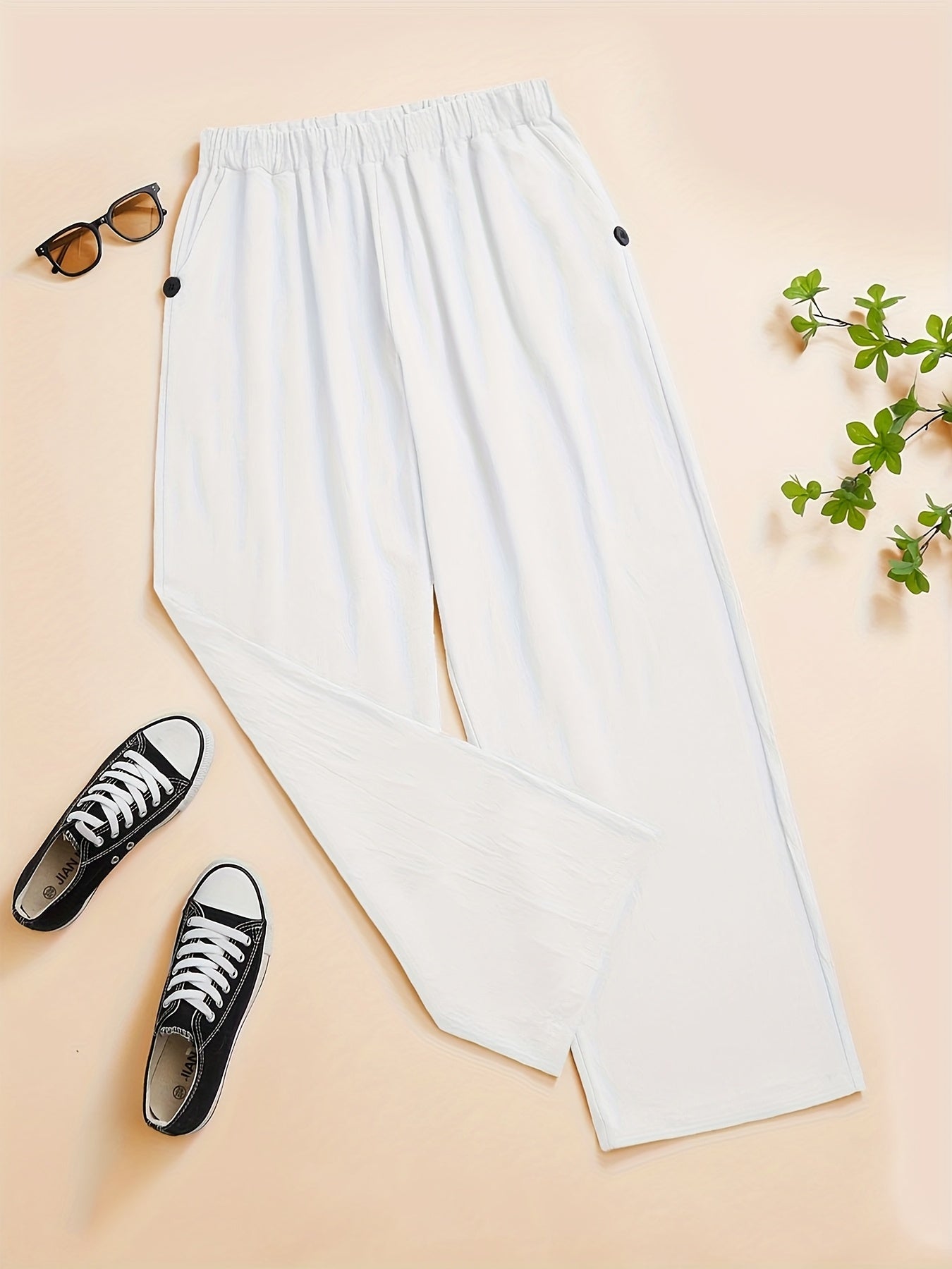 Women'S High-Waisted Stretch Button Casual Pants - Solid Color Straight Side Pockets Design, All-Season Comfort Machine Washable Non-Stretch Fabric, Smooth Fabric Pants