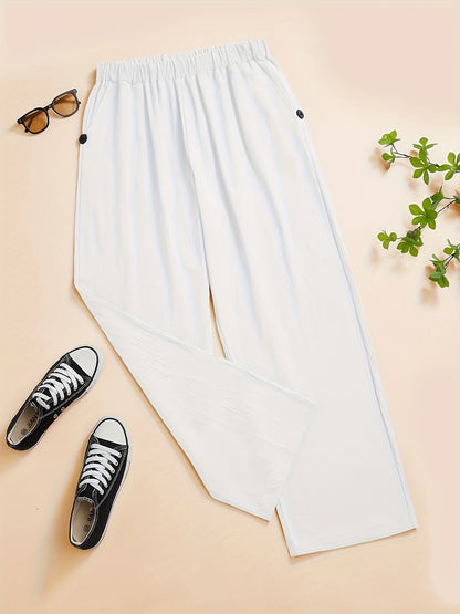 Women'S High-Waisted Stretch Button Casual Pants - Solid Color Straight Side Pockets Design, All-Season Comfort Machine Washable Non-Stretch Fabric, Smooth Fabric Pants
