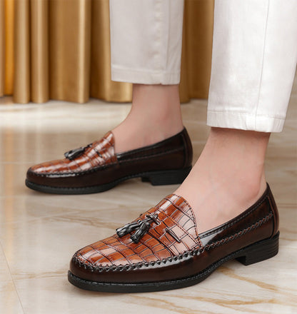 Python-Patterned Faux Leather Shoes, Brown British-Style Fashionable And Trendy Men'S Large-Size Business Formal Brown Casual Faux Leather Shoes, with Four-Season Comfortable And Wear-Resistant Rubber Soles