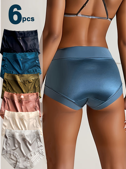6pcs Women's Satin & Lace Trim Briefs - Comfy, Breathable, Stretchy High Waist Panties for Elegant Comfort