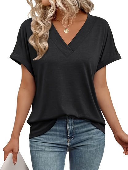 Three-piece Set 2025 Europe And America Fashion Casual Solid Color Women's V-neck Loose Short-sleeved T-shirt