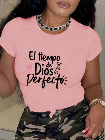Women'S Olive Green Spanish Short Sleeve T-Shirt | "God'S Timing is Perfect" Inspirational Casual Top - Soft Everyday Shirt, Machine Washable, Suitable for Everyday and Special Occasions, Vacation Clothing, Printed with Alphabets, Medium Stretch