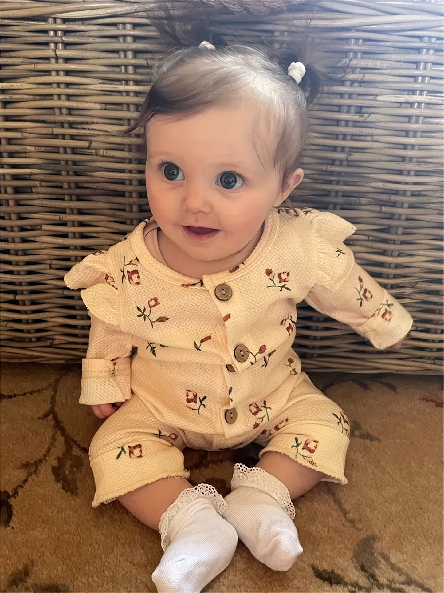 Kukitty Newborn Baby Girl Waffle Fabric Romper Ruffle Long Sleeve Floral Print Button Jumpsuit with Headband, for Outdoor