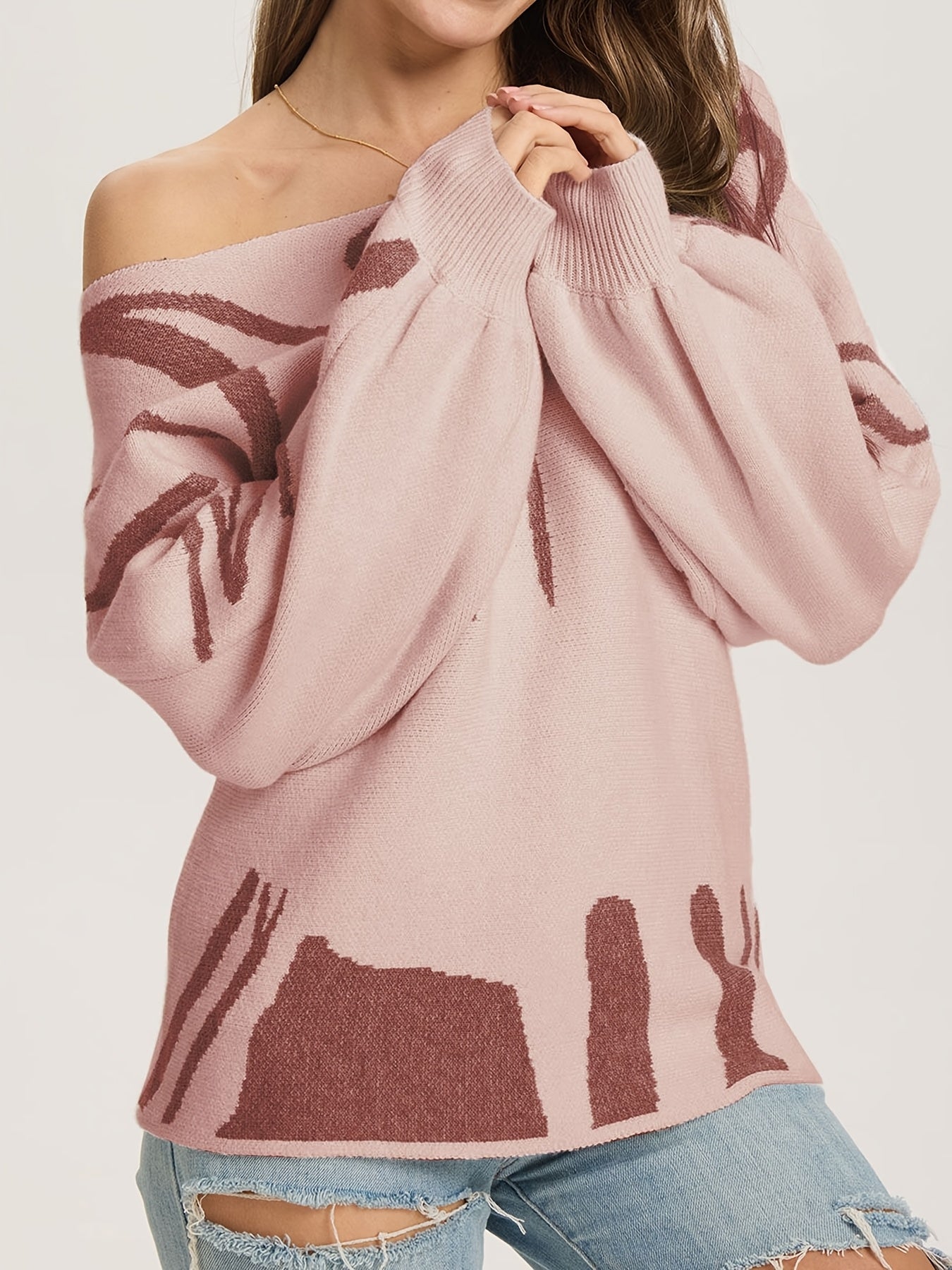 Random Pattern Boat Neck Pullover Sweater, Casual Lantern Sleeve Loose Sweater, Women's Clothing