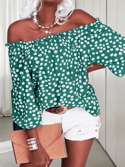 Womens Summer Off Shoulder Blouse Floral Print 3/4 Sleeve Casual Chiffon Tops Shirts