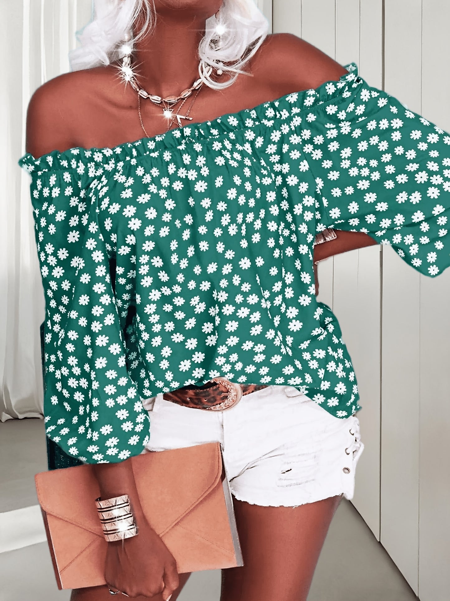 Womens Summer Off Shoulder Blouse Floral Print 3/4 Sleeve Casual Chiffon Tops Shirts