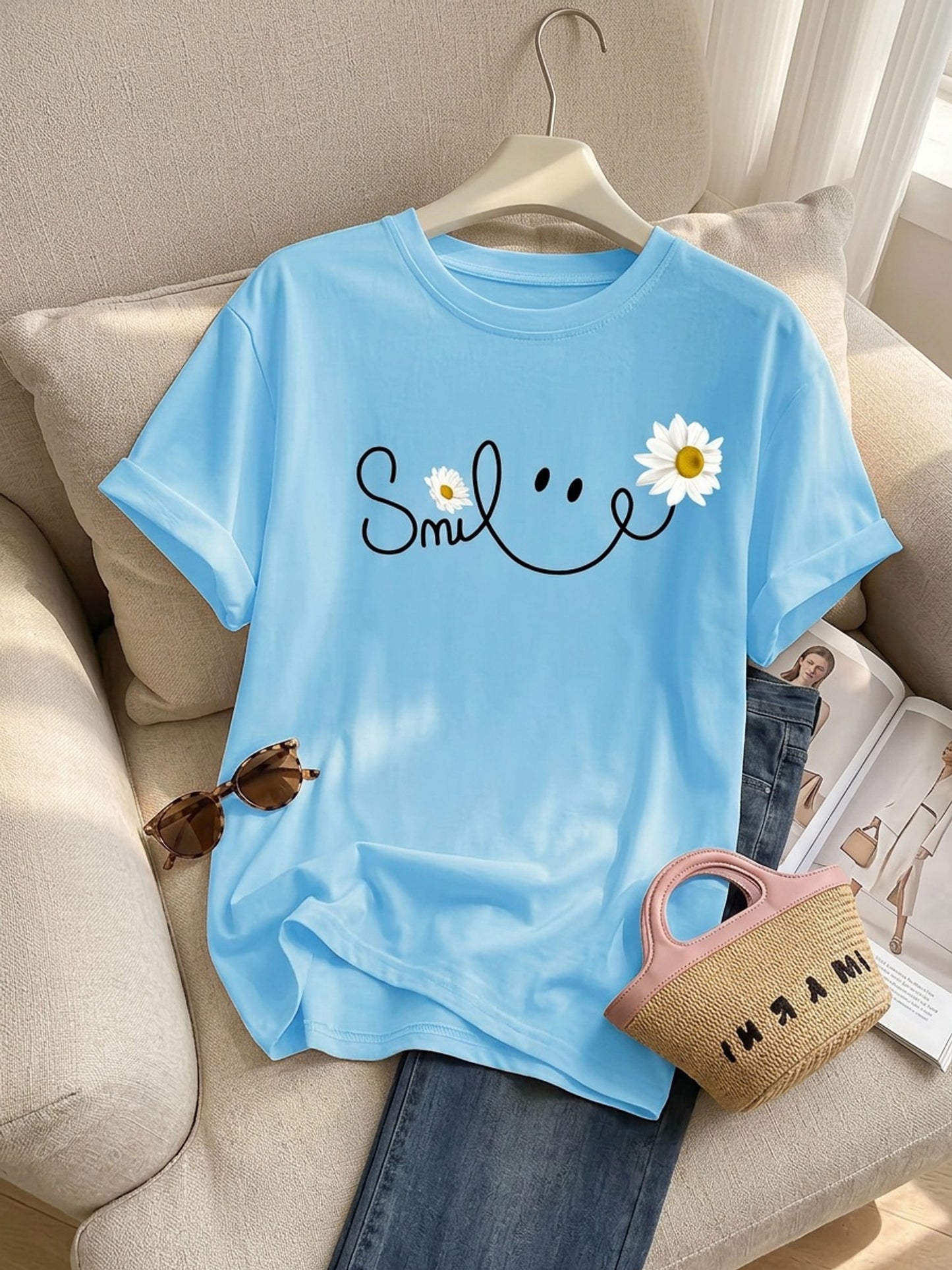 Plus Size Women's Light Blue Smiling Daisy & Smile Letter Print T-Shirt - Soft Breathable Short Sleeve Round Neck Top, Casual Spring Summer Blouse with White Daisies & joyful Face Design, Machine Washable Casual Attire for Parties & Picnic