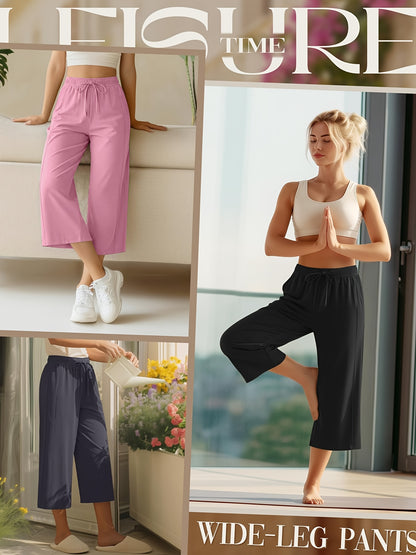 Plus Size, 3pcs Plus Size Women's Capri Pants, Wide Leg Basic Sweatpants Lounge Loose Fit Casual Drawstring Capris with Pockets