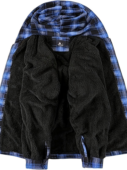 Men's Heavyweight Sweater Hooded Jacket - Full Zip Thick Snow Mountain Lined Flannel Plaid Shirt with Pockets, Casual Style, Perfect for Autumn and Winter, Hooded Collar, Regular Fit, Plaid Pattern, Men's Jacket