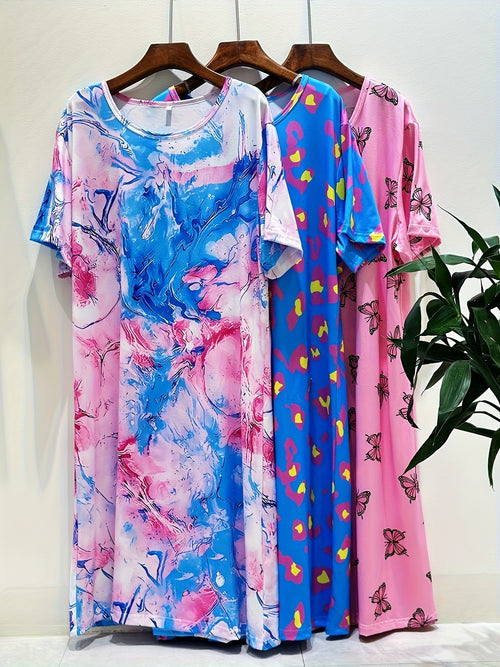Set of 3 Plus-Size Nightgowns for Women Featuring a Casual Tie-Dye Print with Fruit And Cherry Designs in Shades of Pink