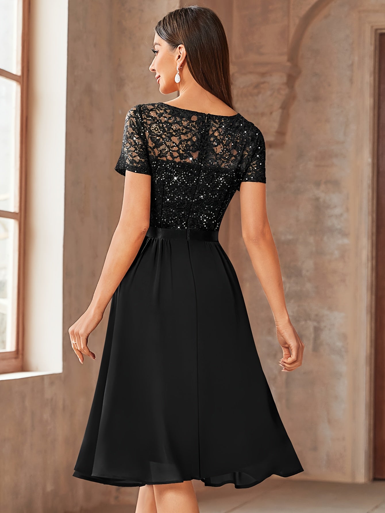 24224 Elegant Womens Sequin Lace Chiffon A Line Bridesmaid Dress, V Neck Short Sleeves, Ruched Ruffle Hem, Perfect for Graduation Season, Wedding Season, Summer Wedding Guest, Evening Party, Cruise Party And Birthday Celebration
