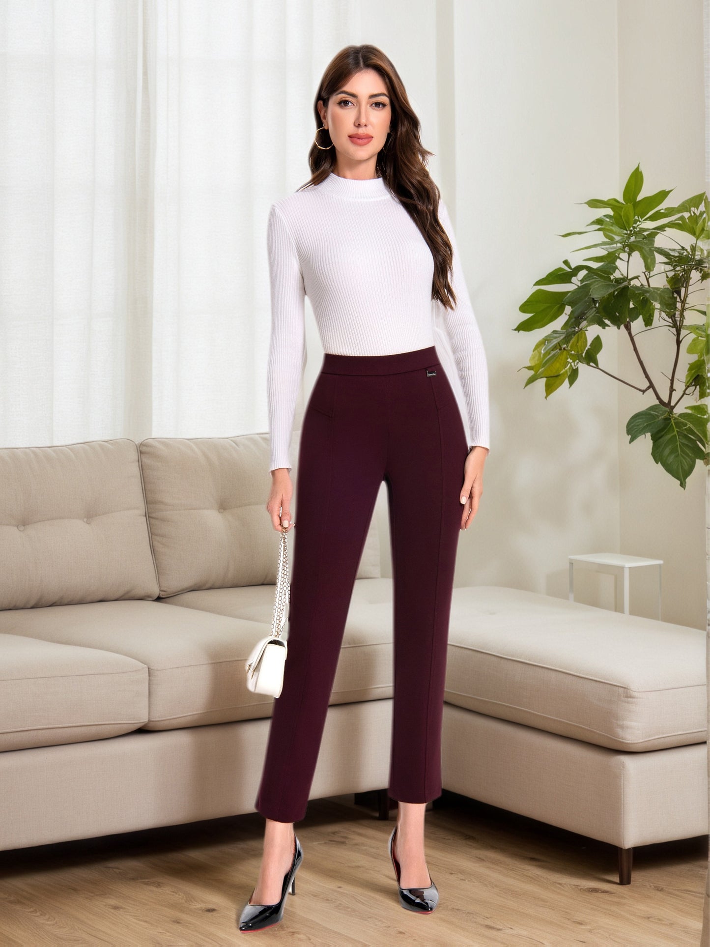 Women's High-Waist Skinny Pants - Stretch Pull-On Work Trousers with Elastic Waistband, Slim Straight Leg Dress Pants for Office, Business Casual & Year-Round Wear, Solid Color (Machine Washable) - Not Included