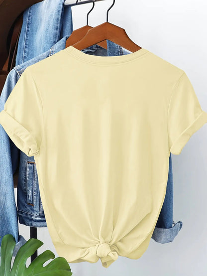 Women's Casual Short Sleeve T-Shirt- Light Yellow Dragonfly and Floral Print, Pure Round Neck Top, Machine Washable Non-See-Through Fabric, Breathable Versatile Outfit for Spring, Summer, and Autumn, Artistic Design, High-Quality Stitching, Trendy P