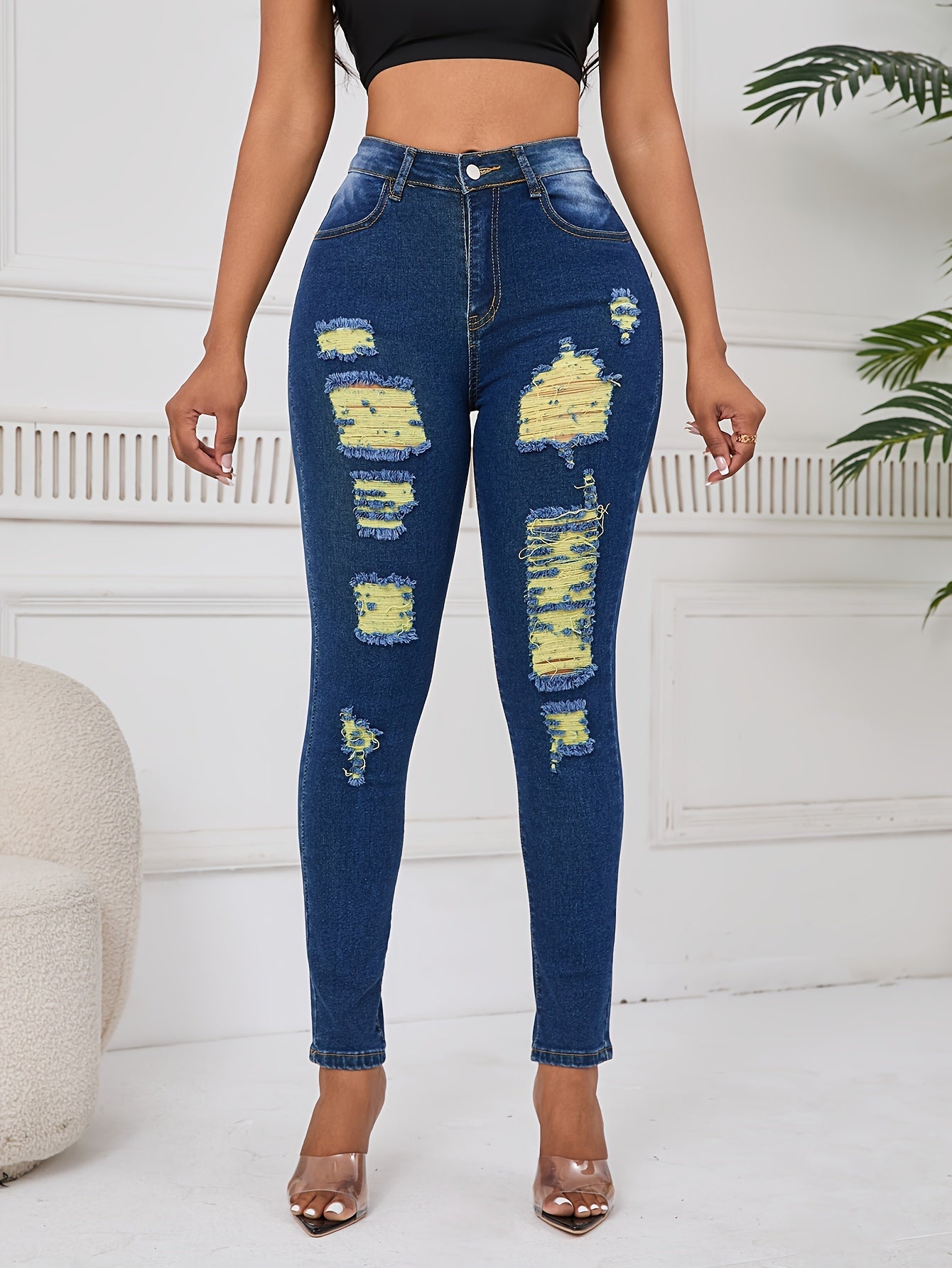 Women Distressed Jeans Women`S Waist Stretch Denim Pants Color Ripped Yellow Detail Skinny Jean for Women