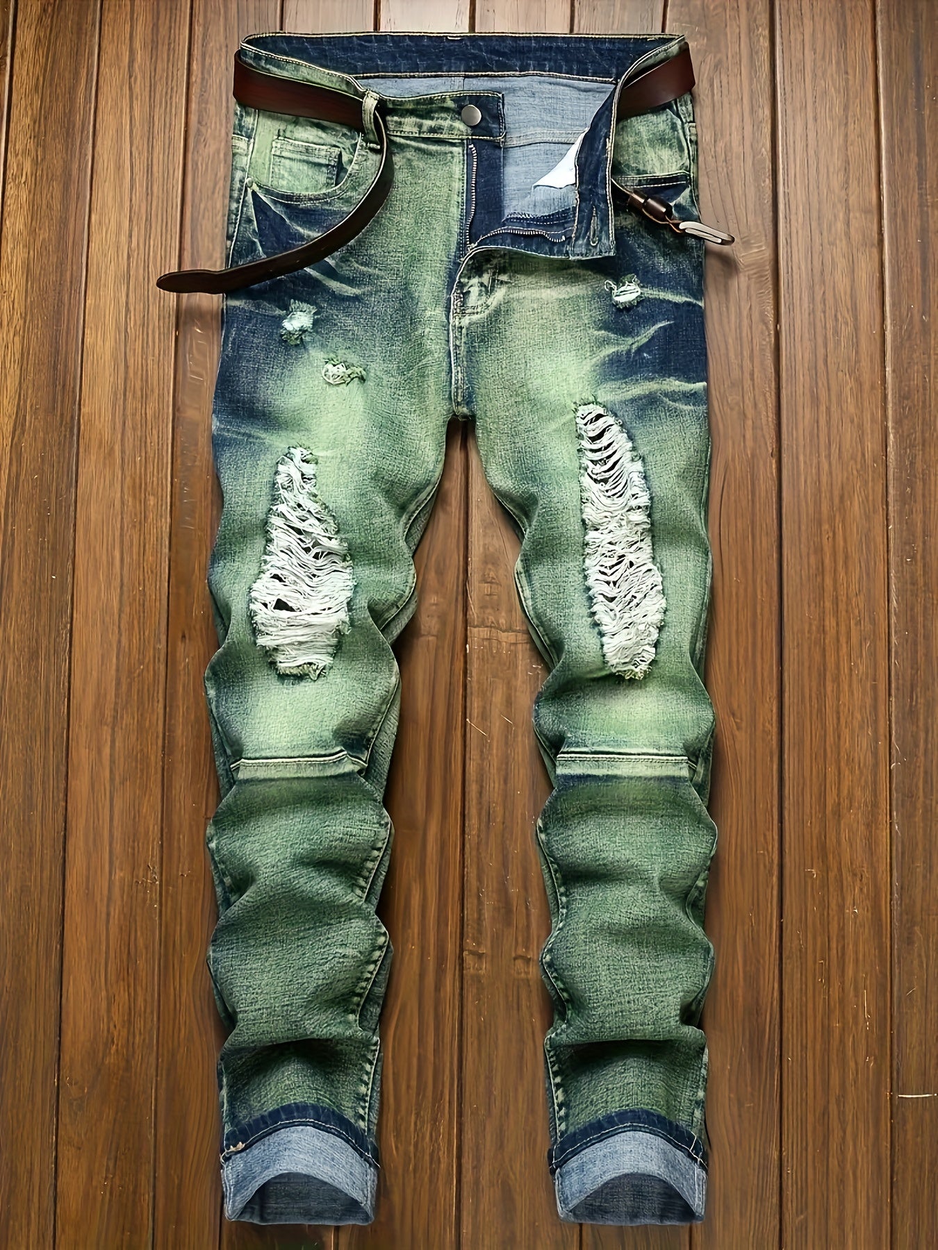European And American Fashion Trends! Men's Slim Fit Jeans with Trendy Distressed Design, Elastic Fabric, Slim Fit with Elasticity, Street Style Pants, Suitable for All Seasons
