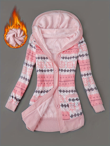 Women'S Fall Winter Casual Hooded Jacket, Warm Fleece Lined Long Sleeve Coat with Geometric Pattern And Colorblock Design