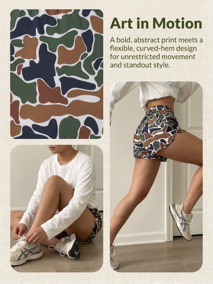 Camouflage Shorts - Green Brown Camo Elastic Waist with Drawstring, Durable Polyester Shorts Suitable for Park Strolling, Home & Outdoor Activities, Spring Summer Casual Wear, Camo Shorts for Everyday Use