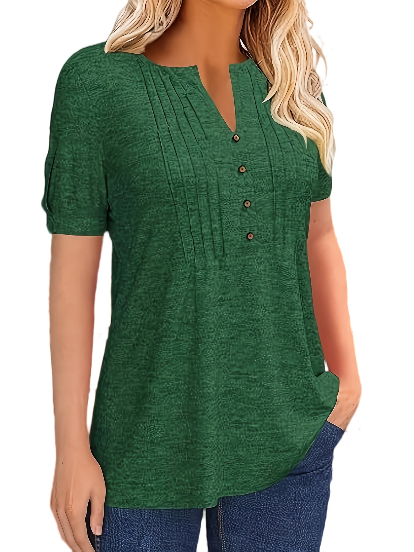 Casual Short-Sleeve T-Shirt for Women, Featuring a Pleated Design And V-Neck in Solid Colors, Perfect for Summer
